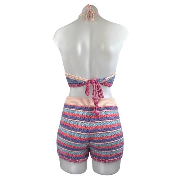 Zara Women's Multicolor Crochet Knit Halter Crop Top Brallette & Shorts Set Sz M - Picture 3 of 4